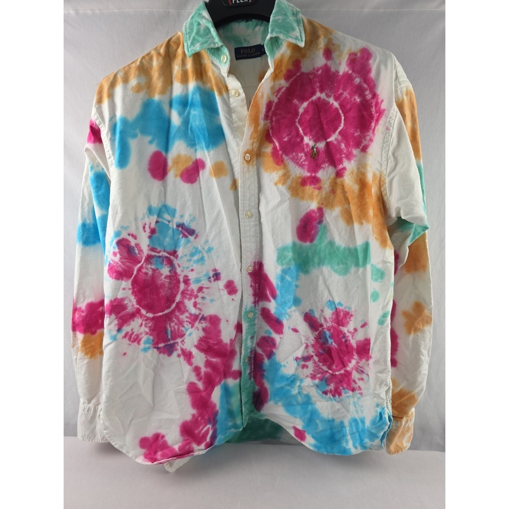 Polo Ralph Lauren Tie Dye Shirt Womens 12 Multicolor Long Sleeve Boyfriend Fit